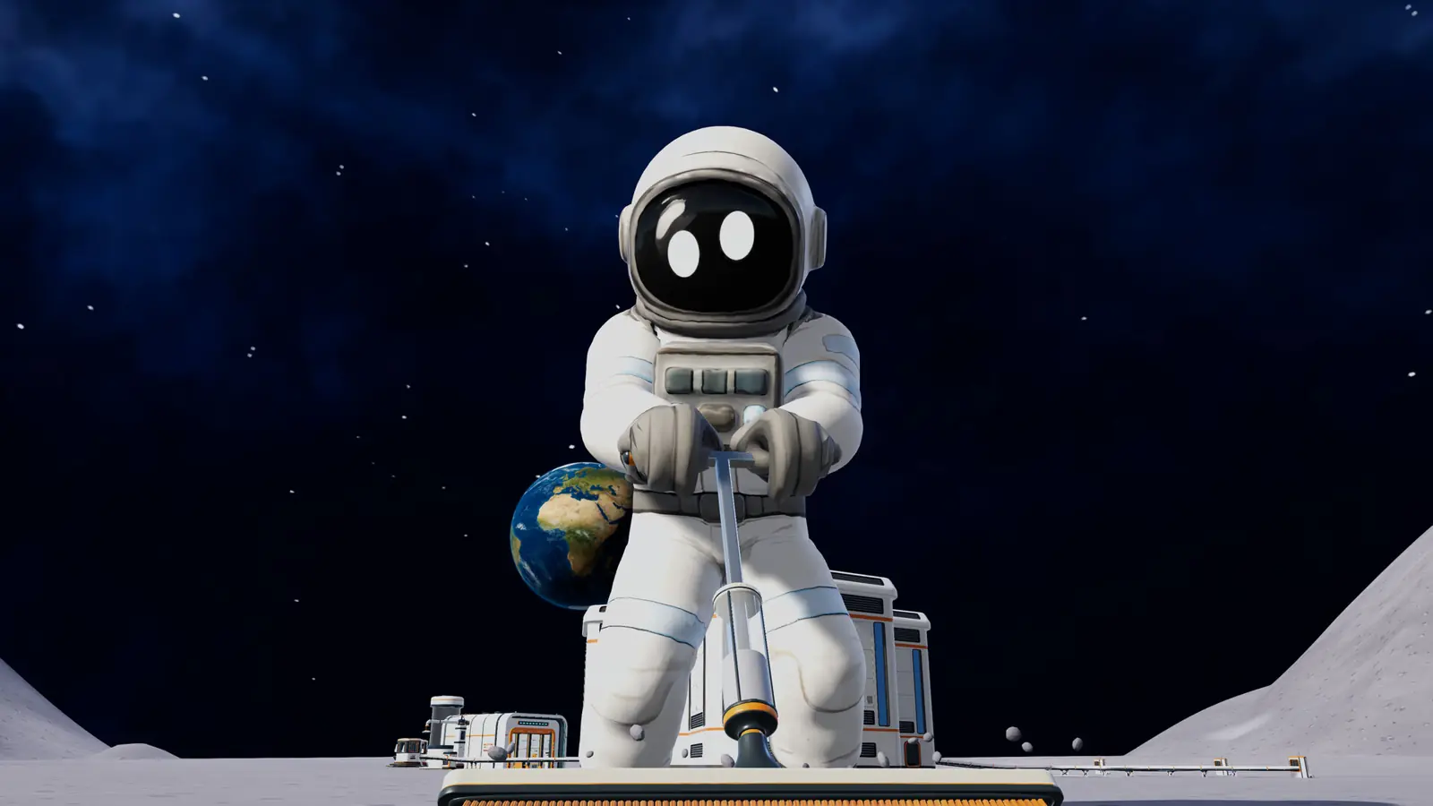 Astronaut holding a large toothbrush on the Moon, Earth behind, official Moon Sweepers store art