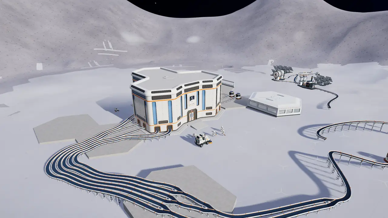 Moon Sweepers base with elevated conveyor belts, vehicles, and a solar array