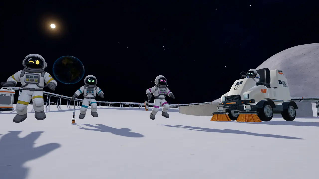 Four astronauts and an orange roller sweeper marked LSD on the Moon in Moon Sweepers