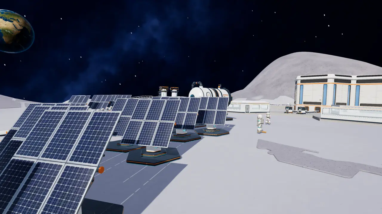 Rows of solar panels beside a Moon Sweepers base, Earth in the upper left