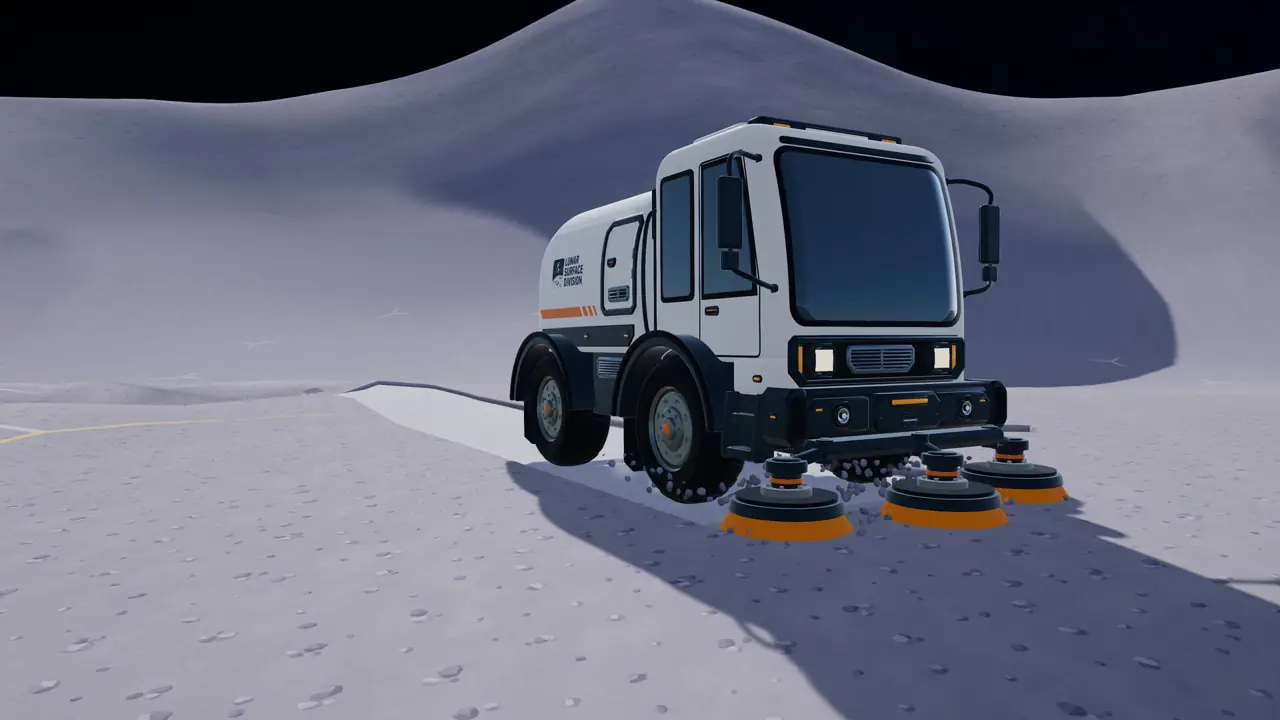 Close view of a Moon Sweepers sweeper truck with three orange brushes on the dust